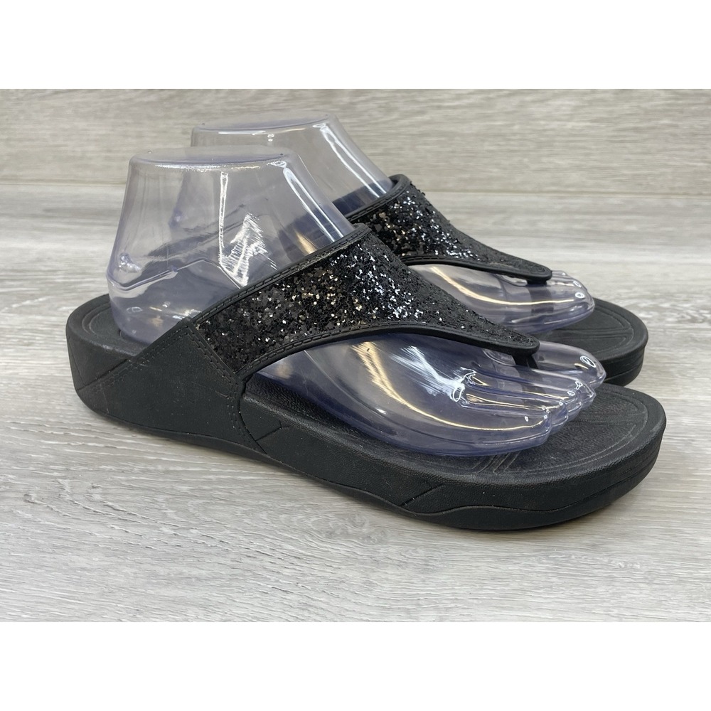 Orthopedic  Women's Sandal US 9 Black Sparkly Wedge Comfort  ‎ Thong Shoe